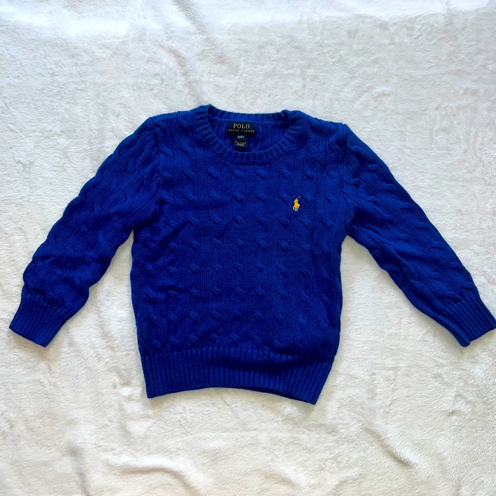 Polo Ralph Lauren Crew Neck Royal Blue Knit Sweater Yellow Logo 4T